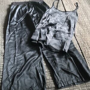 PJ Harlow slate blue Satin Pajama Set, loungewear. Jolie pant & Daisy swing top